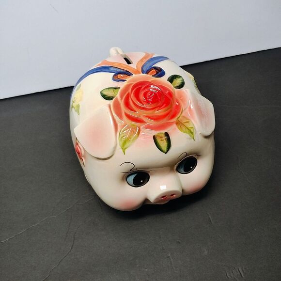 Piggy Bank Kitschy Cute Floral Big Eyed and slightly angry little Pink Pig - Picture 2 of 11
